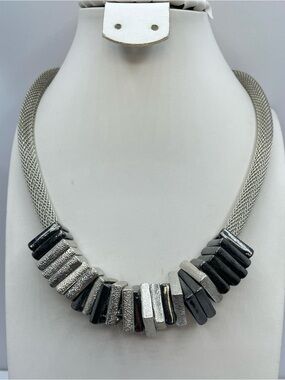 Silver Gunmetal Geometric Mesh Chain Necklace Bold Statement Modern